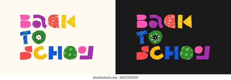 Back to School abstract retro minimal childish inscription. Bauhaus geometric hand drawn brutalism shapes logo. September education promo colorful graphic y2k badge. Modern funky groovy eps lettering