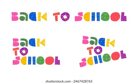 Back to School abstract retro minimal childish inscription set. Bauhaus geometric hand drawn brutalism doodle freeforms logo. September education promo colorful graphic. Trendy funky groovy y2k text