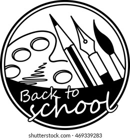 Back to school abstract round vector black and white design with brush, pencil, pen and paint palette