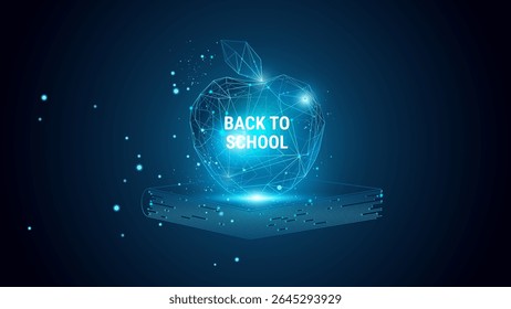 Back to School abstract technology concept - great for digital learning designs - Apple on book made of neural connections - abstract neon blue futuristic vector illustration