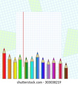 Back to school abstract vector background. Paper, colorful pencils. Backgrounds & textures shop.