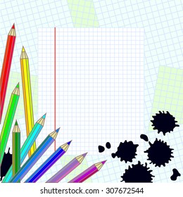 Back to school abstract vector background. Paper, colorful pencils, ink splatters. Backgrounds & textures shop.