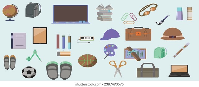 De vuelta a la escuela - Accesorios escolares   gran conjunto de elementos escolares. Mesa de clase, portátil, ordenador, pegamento, vidrio, voleibol, tableta, mochila, gorra, lápiz, borrador, etc. 