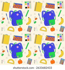 Back to school accessories seamless pattern. Cute school supplies for study. Cartoon style vector pattern.