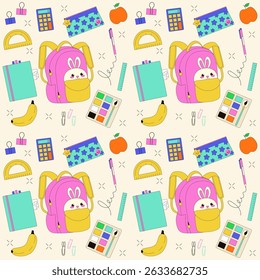 Back to school accessories seamless pattern. Cute school supplies for study. Cartoon style vector pattern.