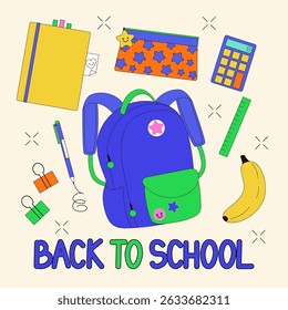 Back to school accessories set. Cute school supplies for study, student equipment. Cartoon style vector illustration.