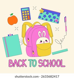 Back to school accessories set. Cute school supplies for study, student equipment. Cartoon style vector illustration.