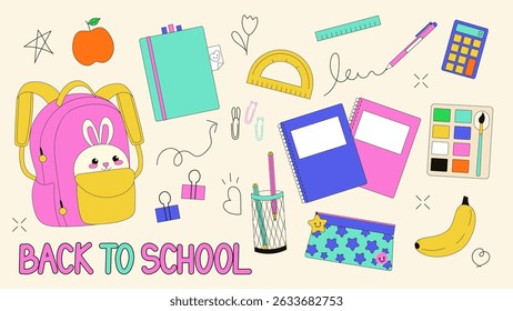 Back to school accessories set. Cute school supplies for study, student equipment. Cartoon style vector illustration.