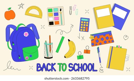 Back to school accessories set. Cute school supplies for study, student equipment. Cartoon style vector illustration.