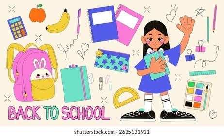 Back to school accessories set with school girl. Cute school supplies for study, student equipment. Cartoon style vector illustration.
