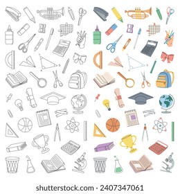 Back to school. School accessories vertical banner. Trophy, diploma, notebook, microscope, tube, pencil, eraser, schoolbag, globe, scissor, calculator