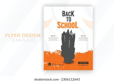 Back to School admission flyer poster template for kids education, modern and creative online school admission poster with abstract orange color shape, book covers, leaflets, brochures