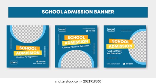 Zurück zur Schuleintrittswerbung Social Media Post Template Design. Blauer und gelber Schuleintritt Social Media Banner. Geeignet für Online-Schulungen, Schuleintritte. Vektorgrafik