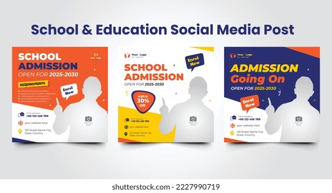 Back to school admission social media post or school admission social media post design template and color combination square web banner set template