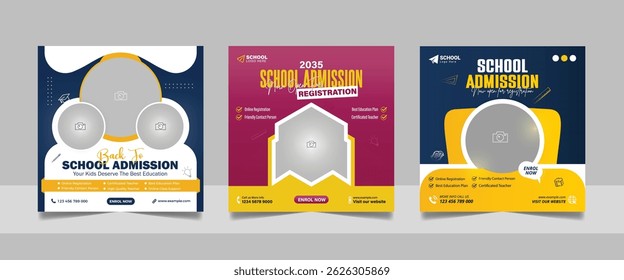 back to school admission social media post set, higher education promotion square flyer web banner study abroad template design.