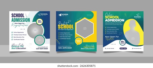 de volta à admissão escolar social media post set, promoção do ensino superior quadrado folheto web banner estudo no exterior modelo design.