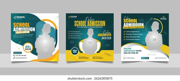 back to school admission social media post set, higher education promotion square flyer web banner study abroad template design.