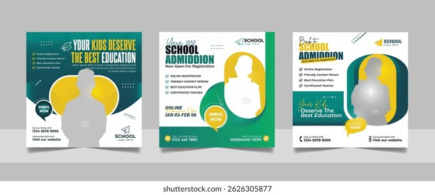 back to school admission social media post set, higher education promotion square flyer web banner study abroad template design.