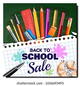 Back To School Advertise Bright Poster Vector. Notebook List With Paints Blots And Pencil Shavings, Pens And Sharpener, Paint Brushes And Eraser Pupil School Tools. Layout Realistic 3d Illustration