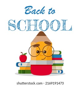 Back to school advertisement banner with stack of colourful books, red apple and stylised pencil character with glasses. Vector illustration for announcement of the beginning of the school year.