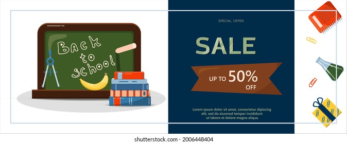 Back to school. Advertising banner, sale, online store, web. Stationery for school, university and office. Cartoon school supplies. Flat illustrations for elementary school. Bright cut out cliparts