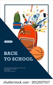 Back to school. Advertising banner, sale, online store, web. Stationery for school, university and office. Cartoon school supplies. Flat illustrations for elementary school. Bright cut out cliparts