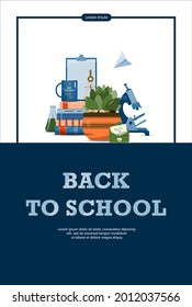 Back to school. Advertising banner, sale, online store, web. Stationery for school, university and office. Cartoon school supplies. Flat illustrations for elementary school. Bright cut out cliparts