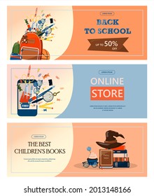Back to school. Advertising banner, sale, online store, web. Stationery for school, university and office. Cartoon school supplies. Flat illustrations for elementary school. Bright cut out cliparts