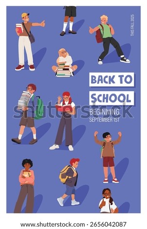 Back to school advertising poster with cheerful children smart students characters carrying educational supplies vector illustration. Marketing advertisement design, start studying promotion banner