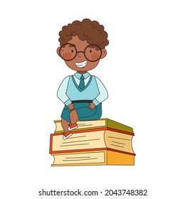 Back to School with African American Boy in Blue Uniform with Glasses Sitting on Pile of Books Vector Illustration