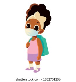 Back to school of afro girl kid with medical mask and bag design, social distancing and education theme Vector illustration
