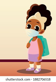 Back to school of afro girl kid with medical mask design, social distancing and education theme Vector illustration