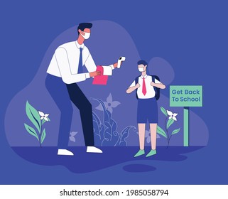 Volviendo a la escuela, ilustración del bloqueo, nueva educación normal con concepto de vector de distanciamiento social
