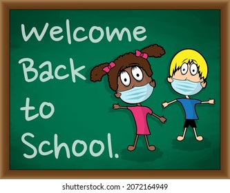 Back to school after the pandemic. Schools opened. The new normal. Children wearing masks and social distancing. Vector illustration. 