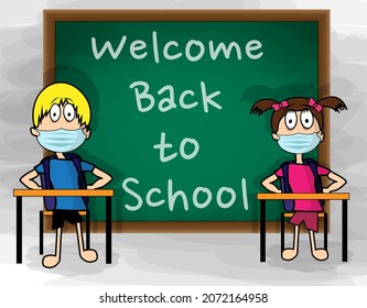 Back to school after the pandemic. Schools opened. The new normal. Children wearing masks and social distancing. Vector illustration. 