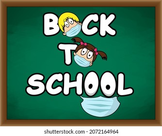 Back to school after the pandemic. Schools opened. The new normal. Children wearing masks and social distancing. Vector illustration. 