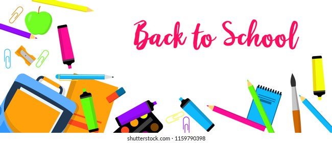 Back to school again banner horizontal. Flat illustration of vector back to school again banner horizontal for web design