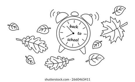 Back to School Alarm Clock with Autumn Leaves. Editable stroke. Hand Drawn Black and White Outline Illustration. Seasonal Fall Education Theme for Coloring Page, Kids Activity, or School Poster Design