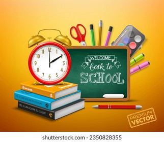 Back to school alarm clock, school blackboard, book pen vector watercolor scissors pen