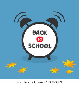Back to school. Alarm clock with chalk text. Autumn yellow and orange maple leaf. Blue background. Isolated. Flat design. Vector illustration