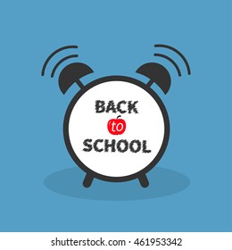Back to school. Alarm clock with chalk text. Blue background. Isolated. Flat design. Vector illustration