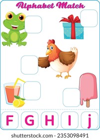 Back To School: Alphabet Match Printable Colorful Worksheet for Kids: Letters f g h i j for frog, gift, hen, juice, and icecream
