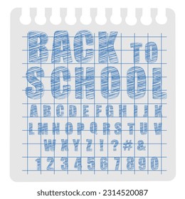 Back to school alphabet. School notebook. Vector letters and numbers.