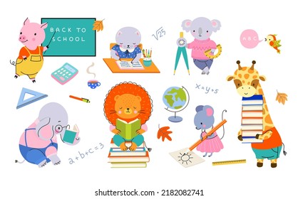 Back To School Animal. Animals Writing, Elephant Reading Book. Education In Preschool, Cute Childish Wild Characters With Books And Backpack, Nowaday Vector Set