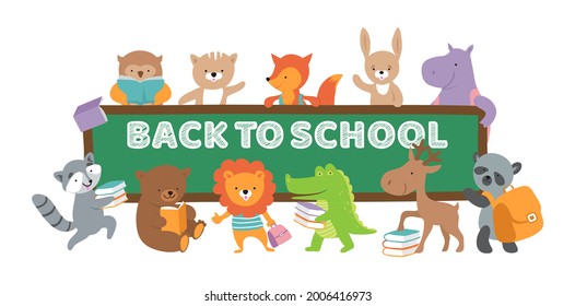 Back to school animal banner. Animals with books and backpacks near chalkboard. Isolated wild and forest vector characters