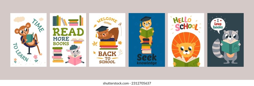 Back to school animal cards. Autumn children printable banner, reading animals with books and stationery. Educational classy vector flyers