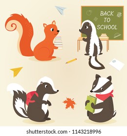 Back to school Animal characters education theme. Cute skunks, badger and squirrel