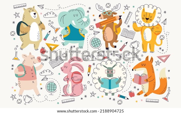 Back to school animal collection hand drawn\
style, education theme.Flat childish vector EPS 10\
illustration.Funny cartoon kids reading writing and studying at\
school, educational\
illustration.