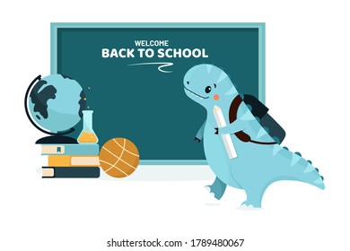 Back to School animal dinosaur and blackboard. Vector illustration.