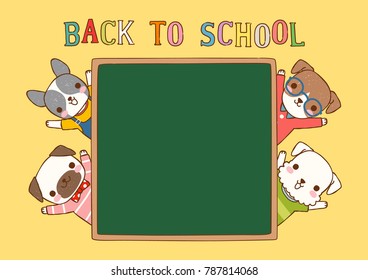 Back to school animal frame. Cute cartoon dogs smiling with green chalk board. Empty message board, cards, paper note, copy space for text. Flat design. Colored vector illustration.